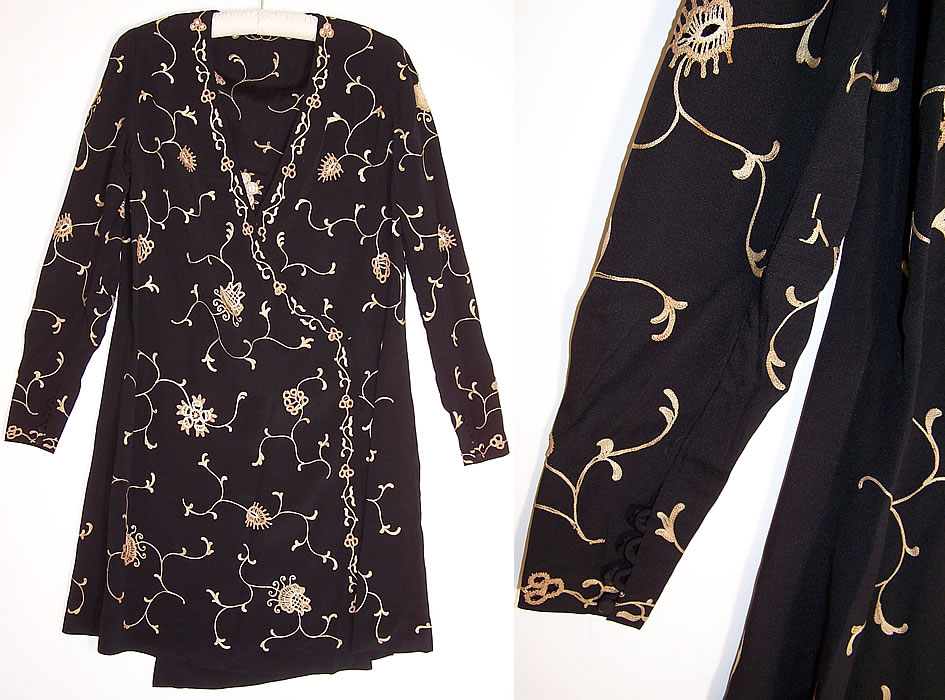 Art Deco Black Silk Ecru Chain Stitch Embroidered Robe Dress Coat and sleeve close up.