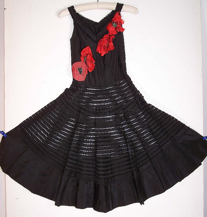 Vintage Black Silk Taffeta Net Red Poppy Flower Circle Skirt Dress circle skirt