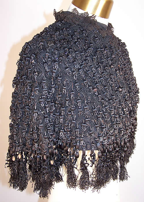 Victorian Black Silk Tassel Jet Beaded Mantle Cape Capelet Cloak side view.