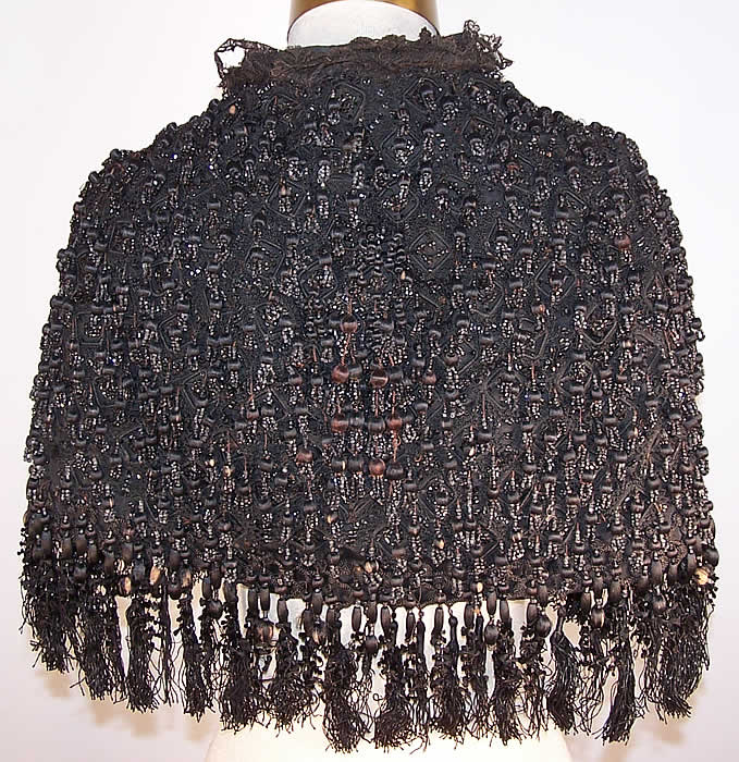 Victorian Black Silk Tassel Jet Beaded Mantle Cape Capelet Cloak back view.