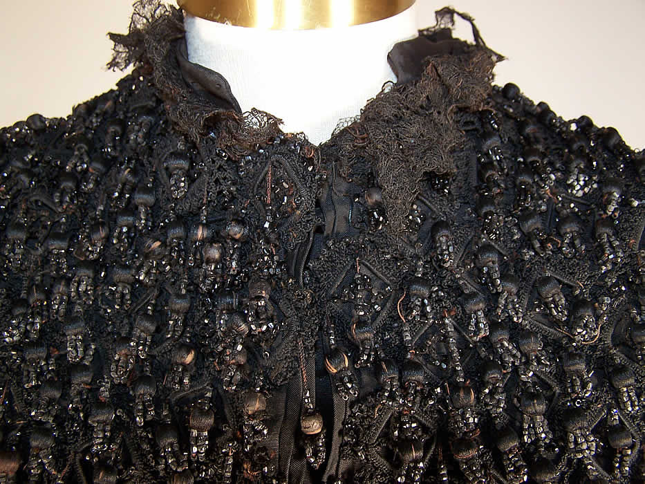 Victorian Black Silk Tassel Jet Beaded Mantle Cape Capelet Cloak Close up.
