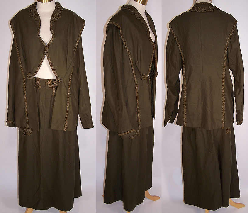 Edwardian Dark Olive Green Soutache Wool Walking Suit Jacket Skirt
