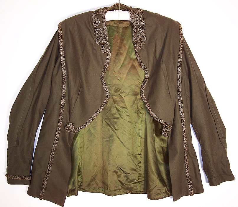 Edwardian Dark Olive Green Soutache Wool Walking Suit Jacket