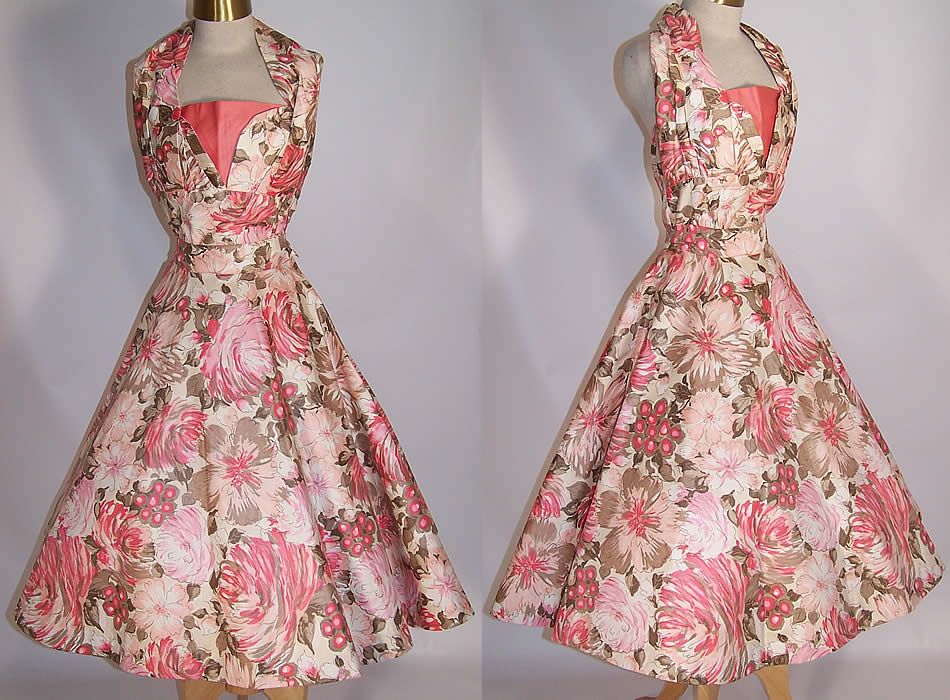 Red 1950s Inspired Halterneck Tropical Frangipani Print Dress  with 34 circle skirt pockets & shirring !