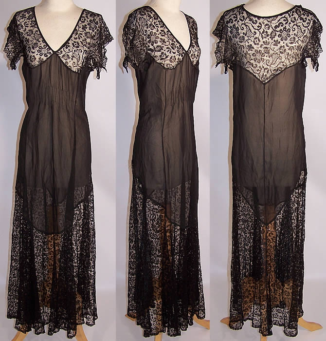 Vintage Sheer Black Silk Chiffon Lace Bias Cut Slip Dress