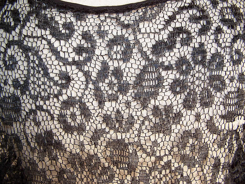 Vintage Sheer Black Silk Chiffon Lace Bias Cut Slip Dress  close up