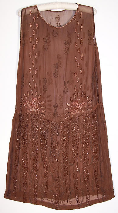 Art Deco Brown Silk Chiffon Pink Shell Beaded Drop Waist Flapper Dress