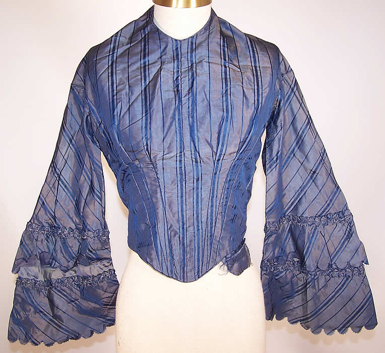 Victorian Iridescent Cornflower Blue Silk Stripe Pagoda Sleeve Bodice Top Front view.