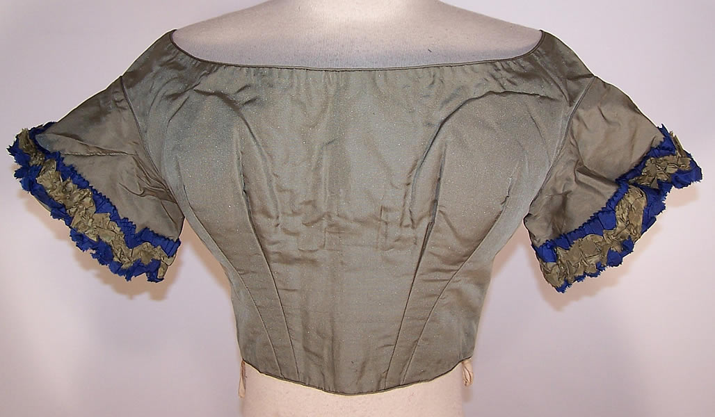 Victorian Green & Blue Silk Bust Enhancer Padded Ball Gown Bodice Top Front view.