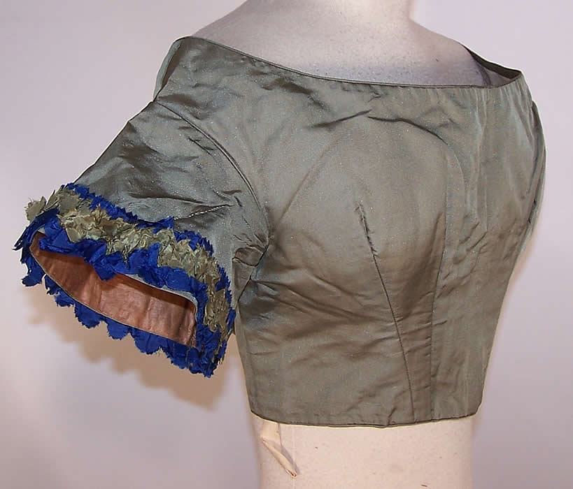 Victorian Green & Blue Silk Bust Enhancer Padded Ball Gown Bodice Top side view.