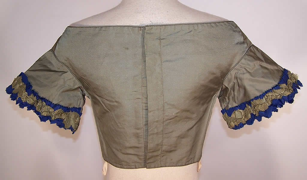 Victorian Green & Blue Silk Bust Enhancer Padded Ball Gown Bodice Top back view.