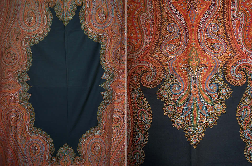 Victorian Antique Large Banquet Size Jacquard Hand Loom Wool Paisley Shawl 132" close up c