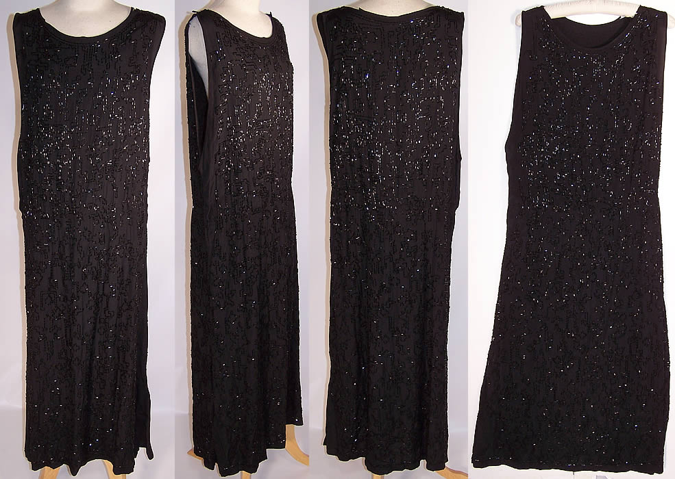 Vintage Art Deco Black Silk Geometric Grid Beaded Flapper Dress