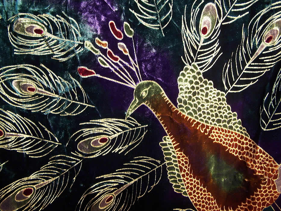 Vintage Artistic Peacock Painted Purple Velvet Robe Coat close up