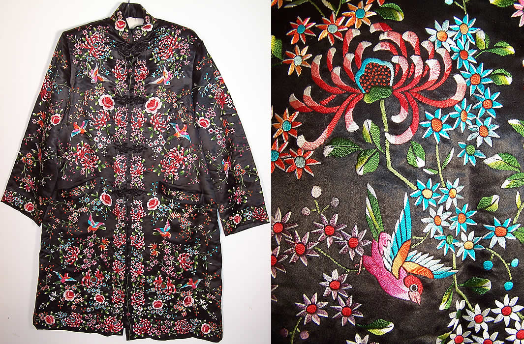 Vintage Plum Blossoms Chinese Black Silk Embroidered Floral Bird Coat