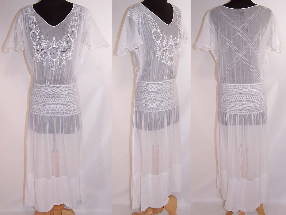 Vintage White Batiste Floral Smocking Embroidered Boho Peasant Dress