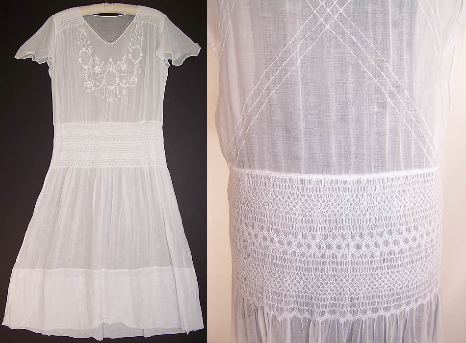 Vintage White Batiste Floral Smocking Embroidered Boho Peasant Dress