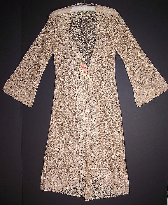 Vintage Tambour Embroidery Lace Rosette Negligee Peignoir Robe Dressing Gown