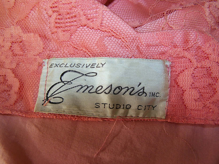 Vintage Emeson's Coral Pink Lace Wiggle Sheath Gown Cocktail Dress label close up