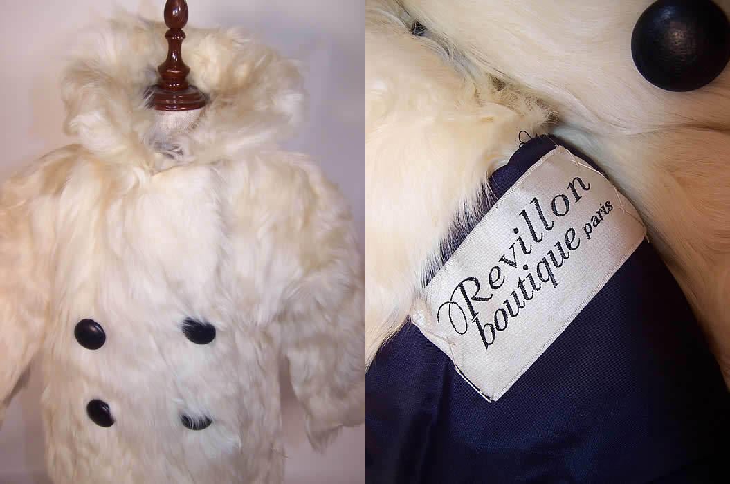 Vintage Revillon Boutique Paris Child's Mohair Fur Winter Coat Double Breasted Jacket close up front & "Revillon Boutique Paris" label