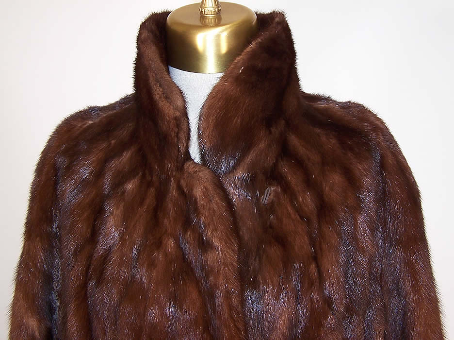 Vintage Mahogany Brown Mink Fur Full Length Long Swing Coat Jacket close up