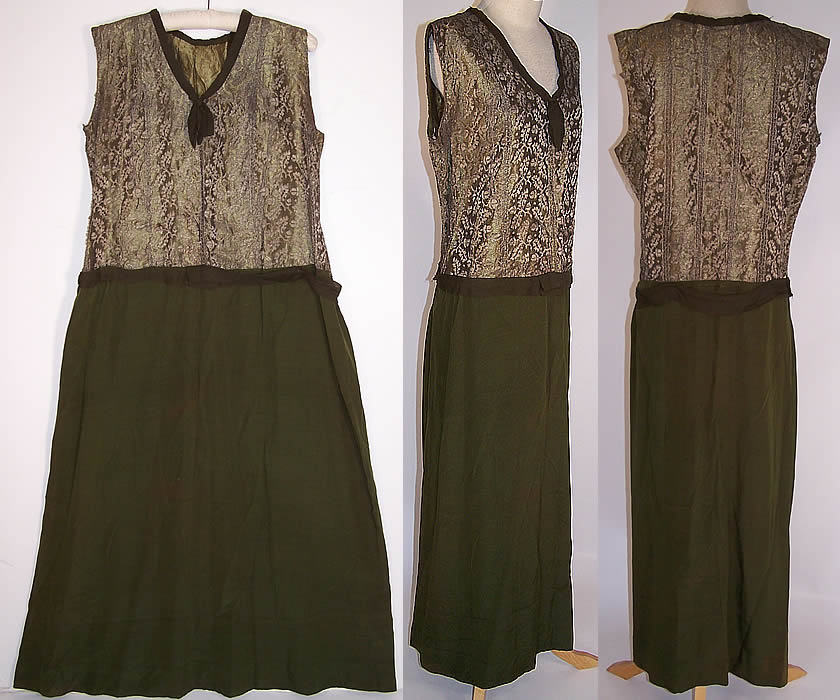 Vintage Acorn Silver Metallic Lace Gold Lam&eacute; Green Silk Drop Waist Dress