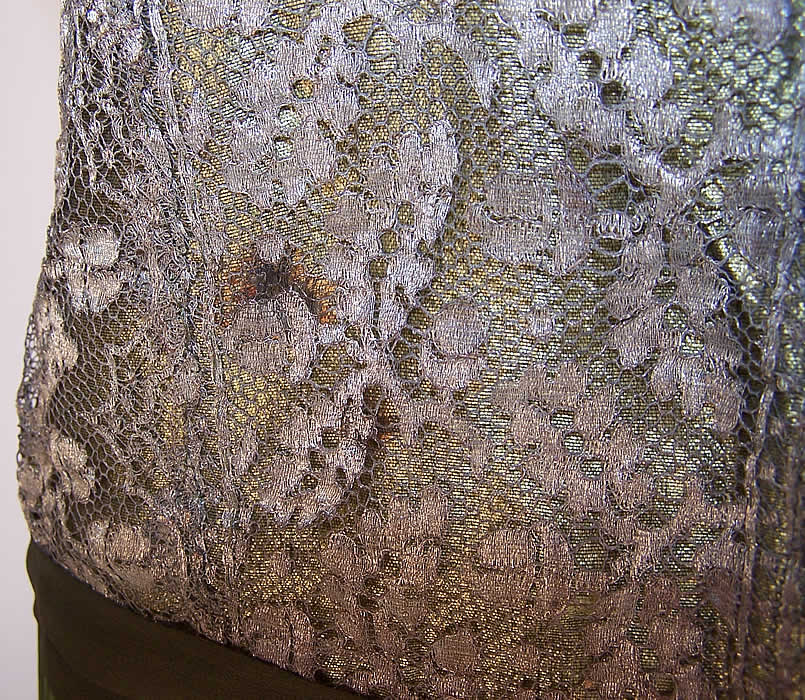 Vintage Acorn Silver Metallic Lace Gold Lam&eacute; Green Silk Drop Waist Dress a small age spot stain on the lam&eacute; fabric top close up