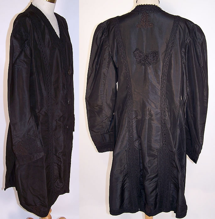 Edwardian Black Silk Taffeta Soutache Trim Walking Suit Jacket side & back view.