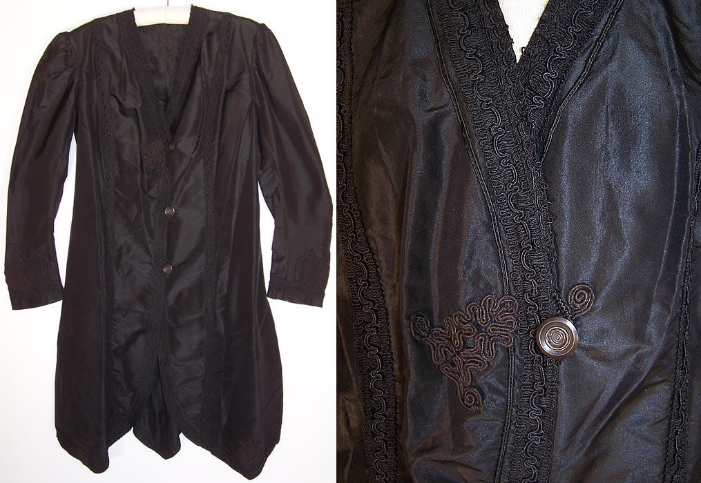 Edwardian Black Silk Taffeta Soutache Trim Walking Suit Jacket and front close up 