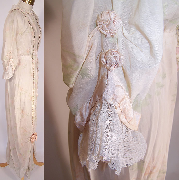 Edwardian Titanic Pink Rose Print Batiste Silk Ribbon Rosette Hobble Skirt Dress side views