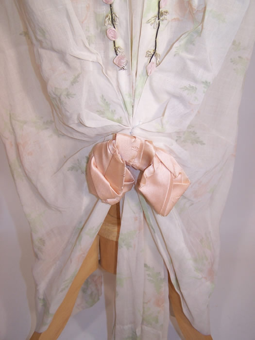 Edwardian Titanic Pink Rose Print Batiste Silk Ribbon Rosette Hobble Skirt Dress bow close up