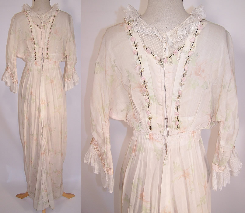 Edwardian Titanic Pink Rose Print Batiste Silk Ribbon Rosette Hobble Skirt Dress back views