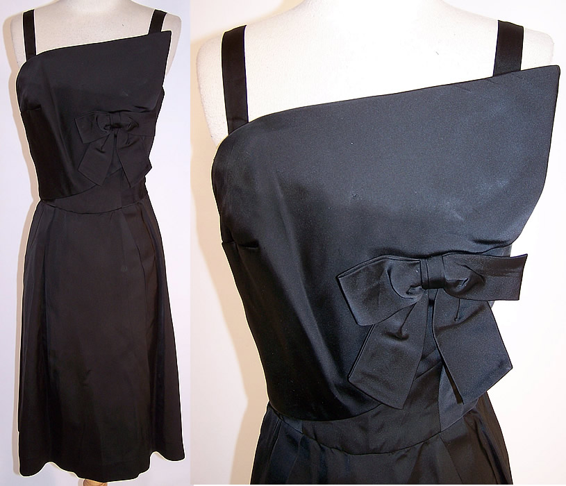 Vintage Modéle Jack Zurich Swiss Black Silk Bow Asymmetrical Cocktail Dress front view & close up