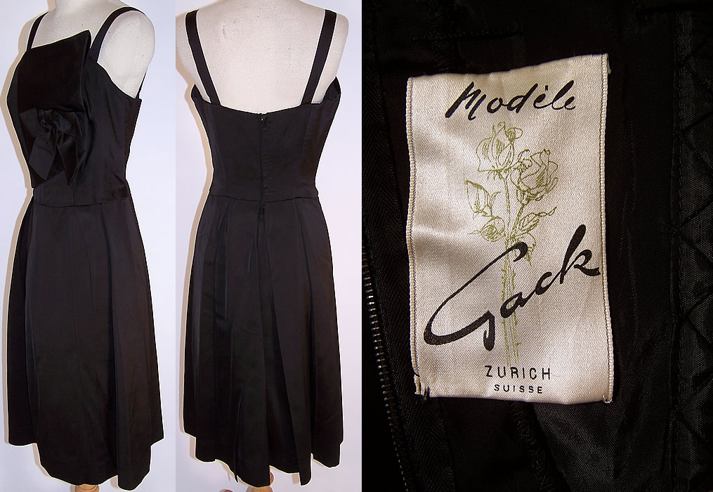 Vintage Modéle Jack Zurich Swiss Black Silk Bow Asymmetrical Cocktail Dress side view, back view and label close up