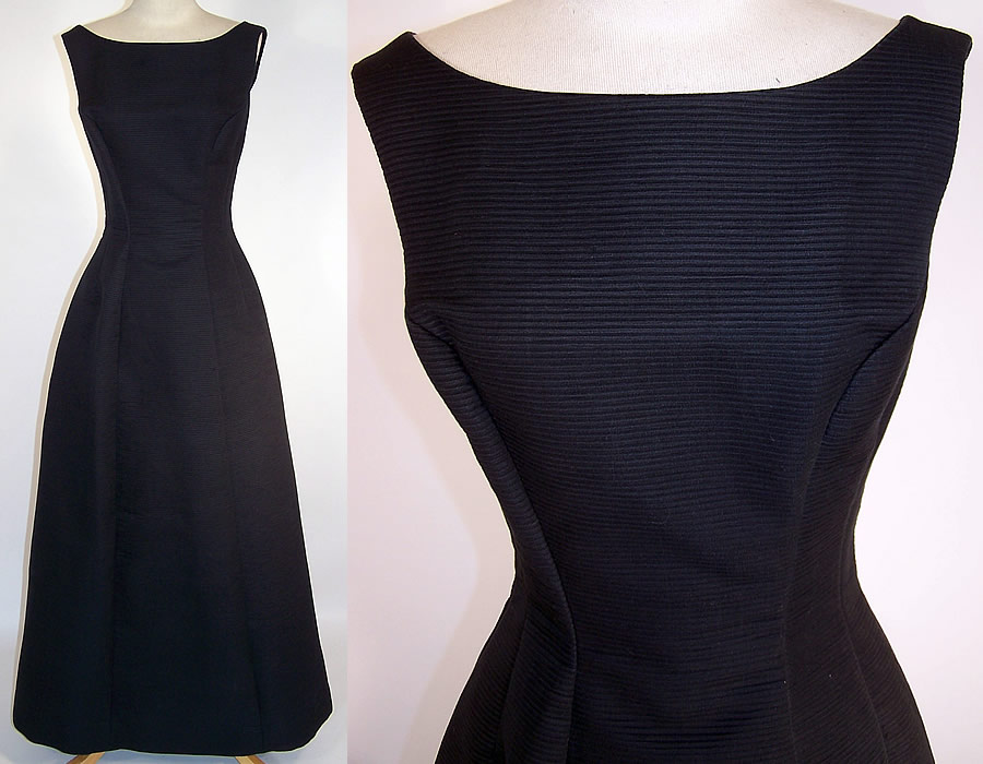 Vintage Cotillion Formals Black Silk Corde Ribbed Evening Gown Long Dress & close up
