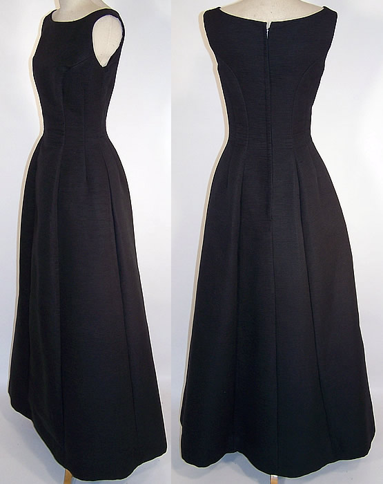 Vintage Cotillion Formals Black Silk Corde Ribbed Evening Gown Long Dress side view & back view
