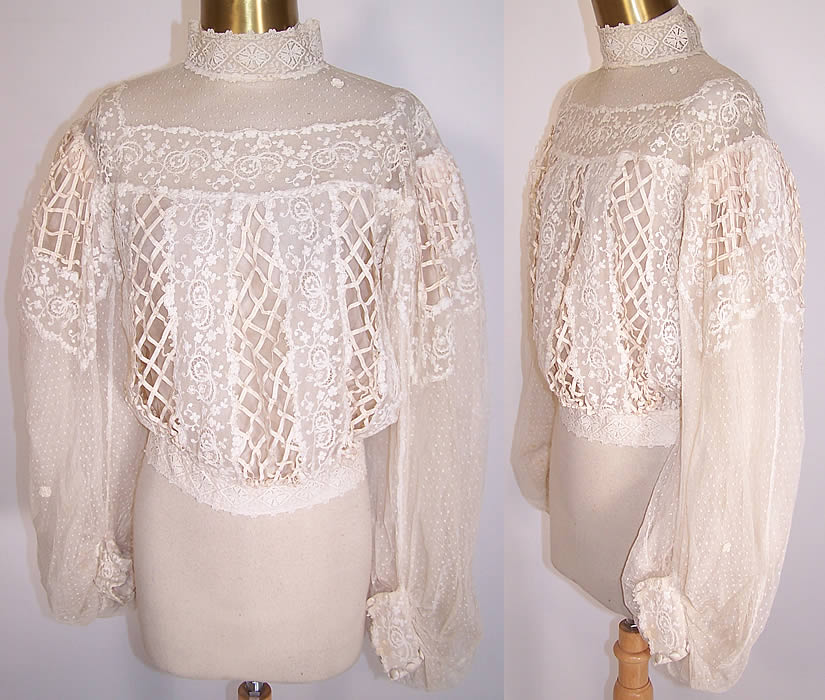 Edwardian Cream Tambour Embroidery Lace Ribbon Work Wedding Bodice Blouse