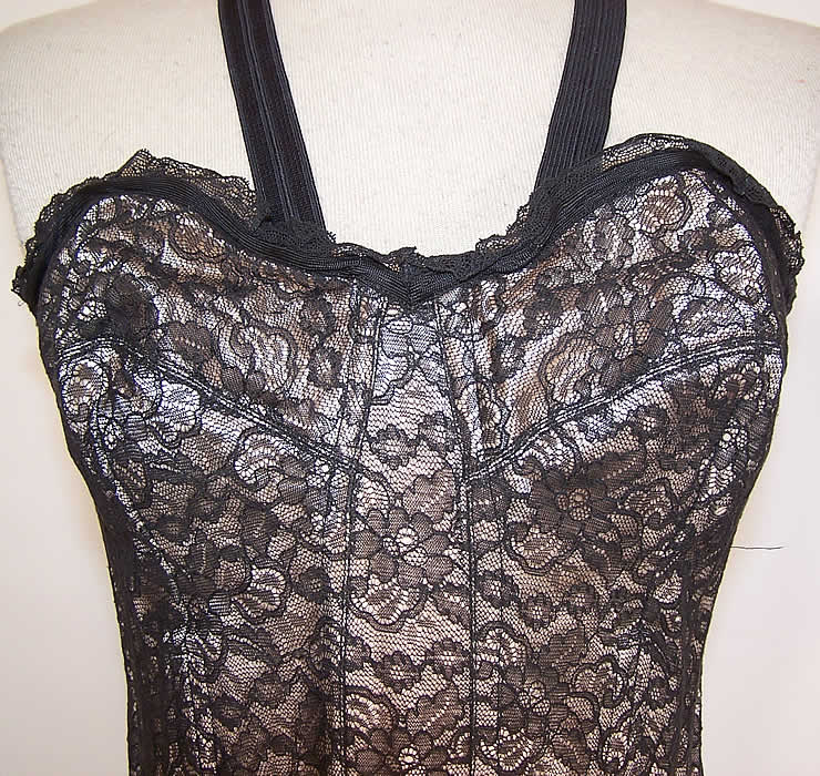 Vintage Black Chantilly Lace Merry Widow Corselet Corset Bustier Bra Girdle Garters close up