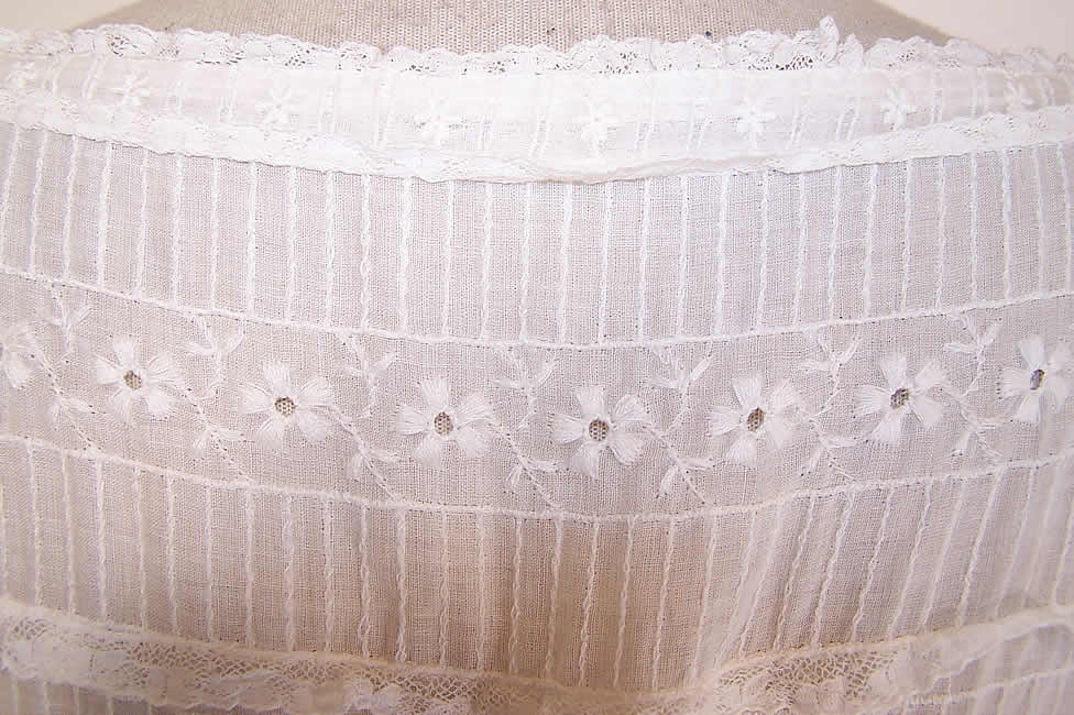 Vintage White Cotton Batiste Pleated Eyelet Lace Garden Party Wedding Dress very close up