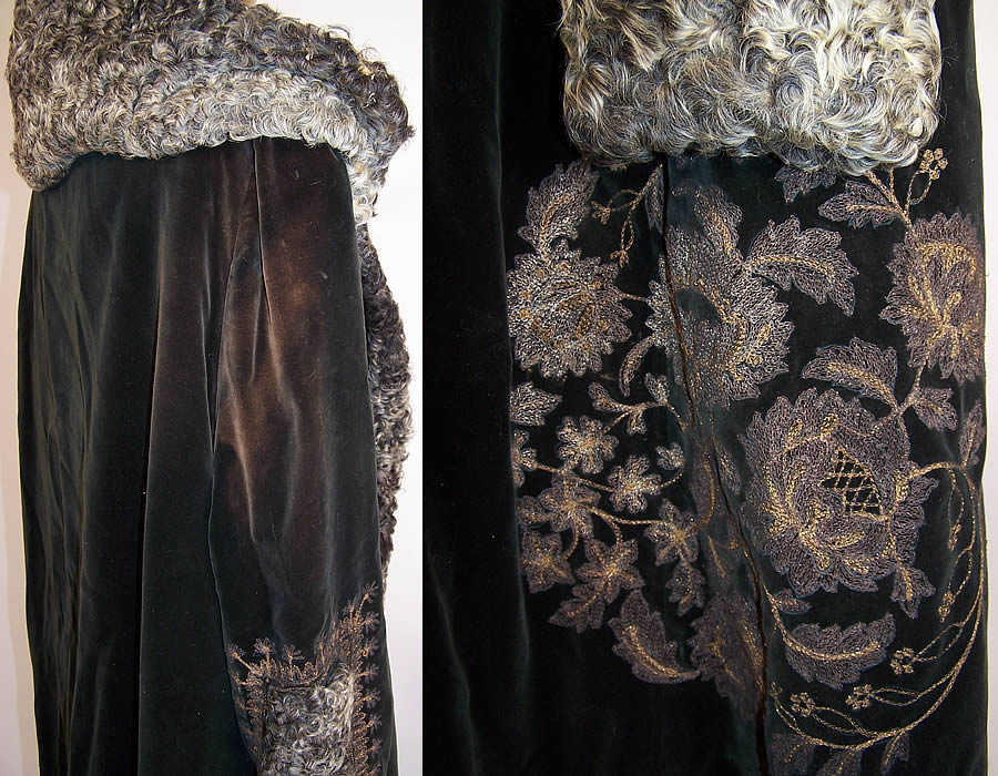 Vintage Art Deco Gold Metallic Embroidered Green Velvet Curly Lamb Fur Winter Coat side & embroidery close ups