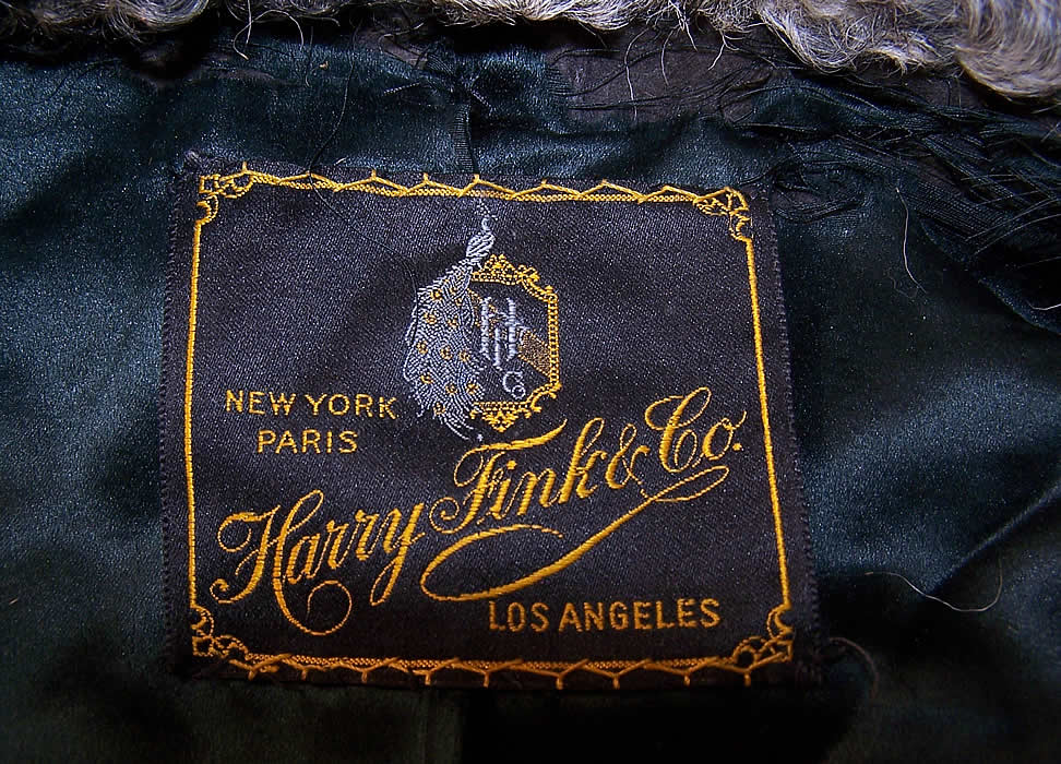 Vintage Art Deco Gold Metallic Embroidered Green Velvet Curly Lamb Fur Winter Coat label close up.