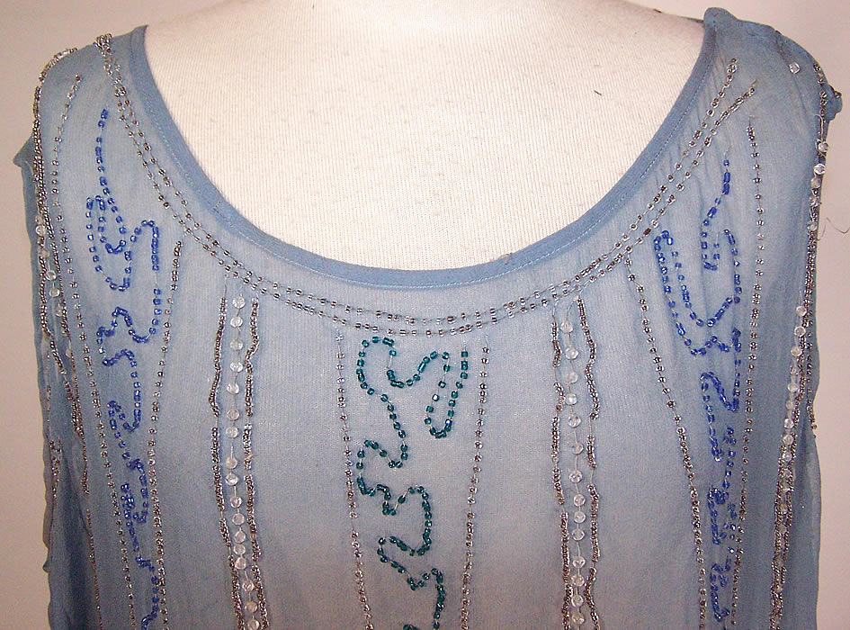 Vintage Art Deco Blue Silk Chiffon Silver Pastel Beaded Flapper Drop Waist Dress close up