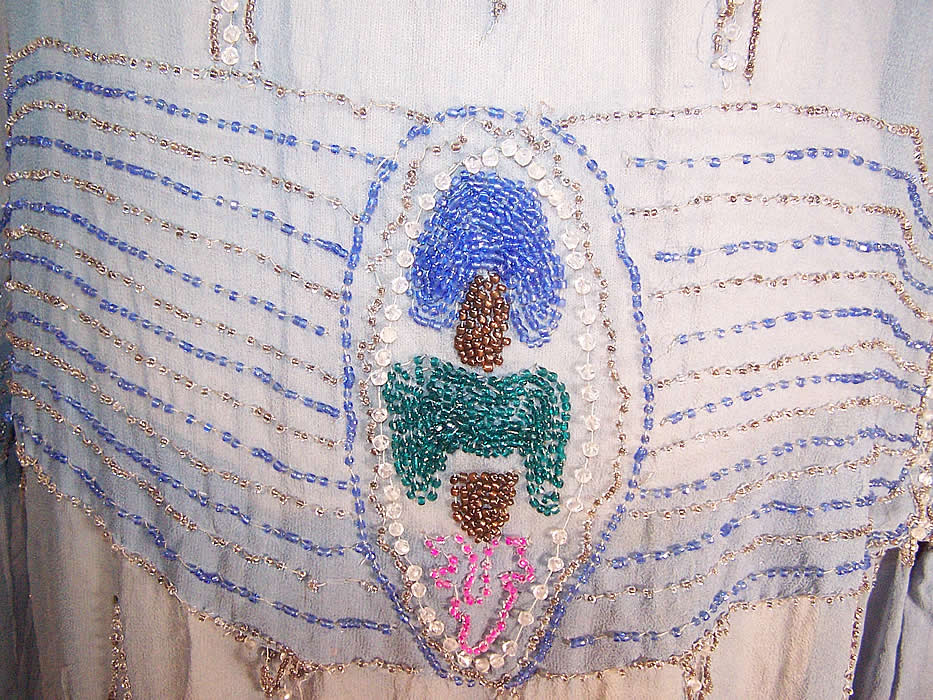 Vintage Art Deco Blue Silk Chiffon Silver Pastel Beaded Flapper Drop Waist Dress close up beading