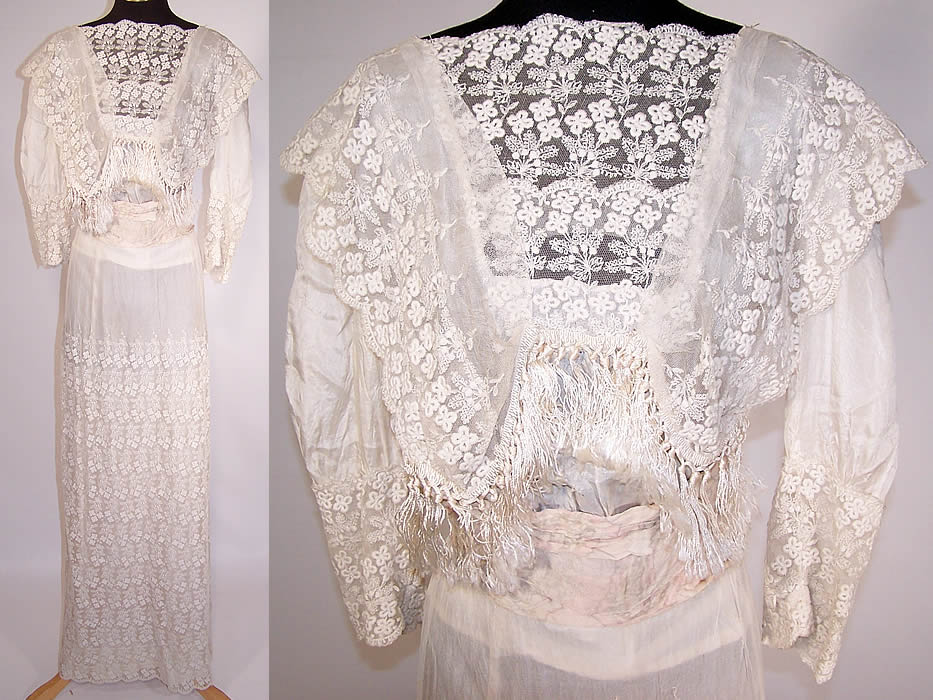 Edwardian White Silk Tambour Embroidery Net Lace Bridal Wedding Gown Dress