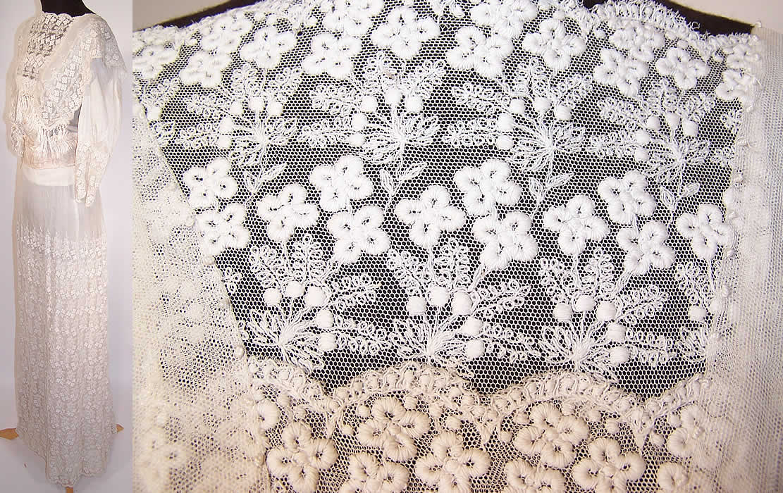Edwardian White Silk Tambour Embroidery Net Lace Bridal Wedding Gown Dress side view & close up