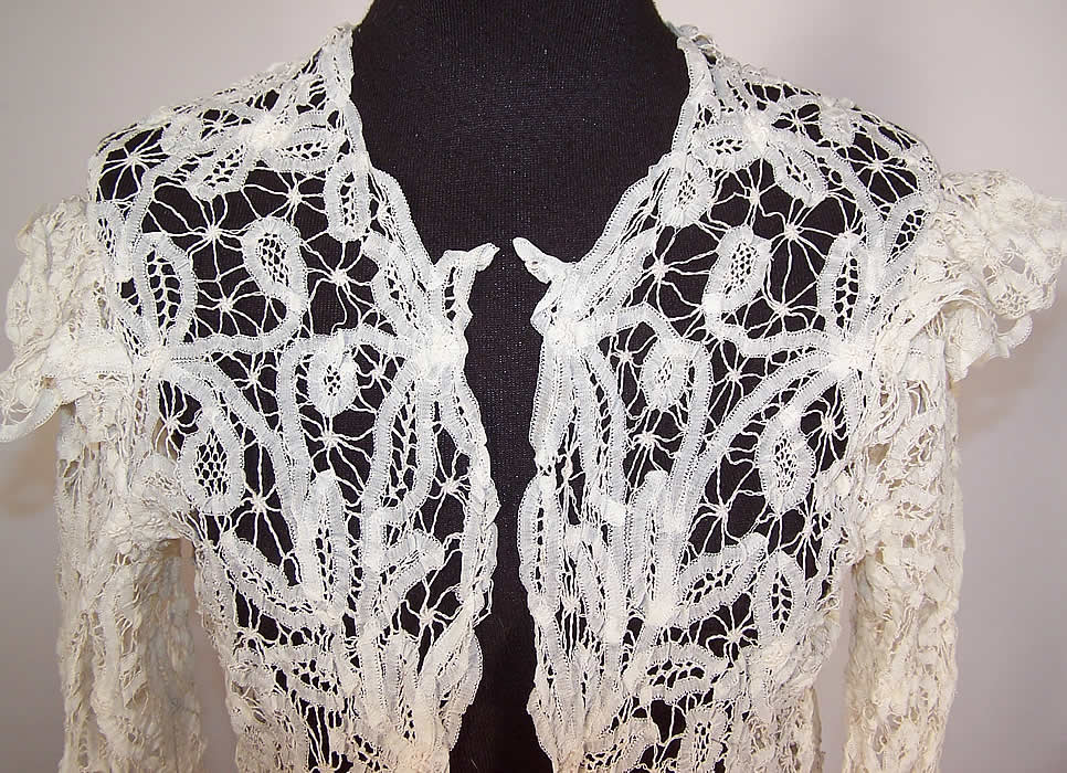Edwardian Antique White Battenburg Tape Lace Sheer Blouse Jacket Top close up