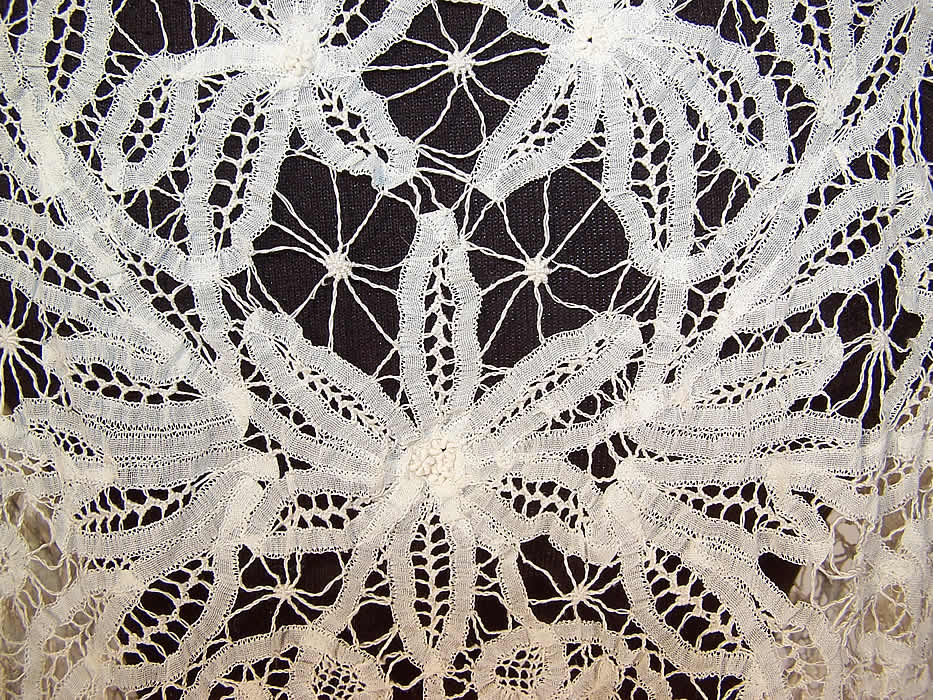 Edwardian Antique White Battenburg Tape Lace Sheer Blouse Jacket Top close up