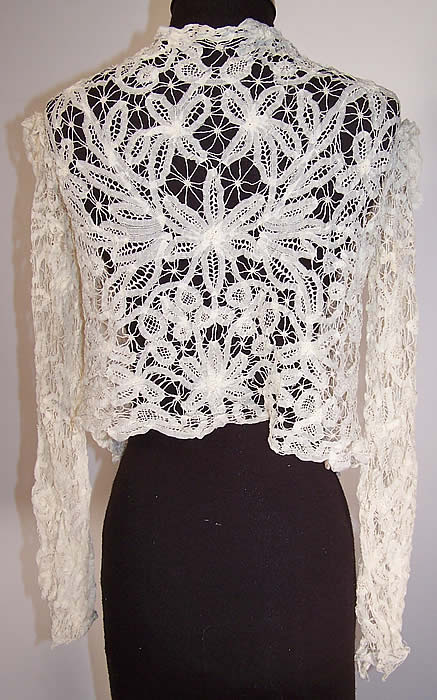 Edwardian Antique White Battenburg Tape Lace Sheer Blouse Jacket Top back view