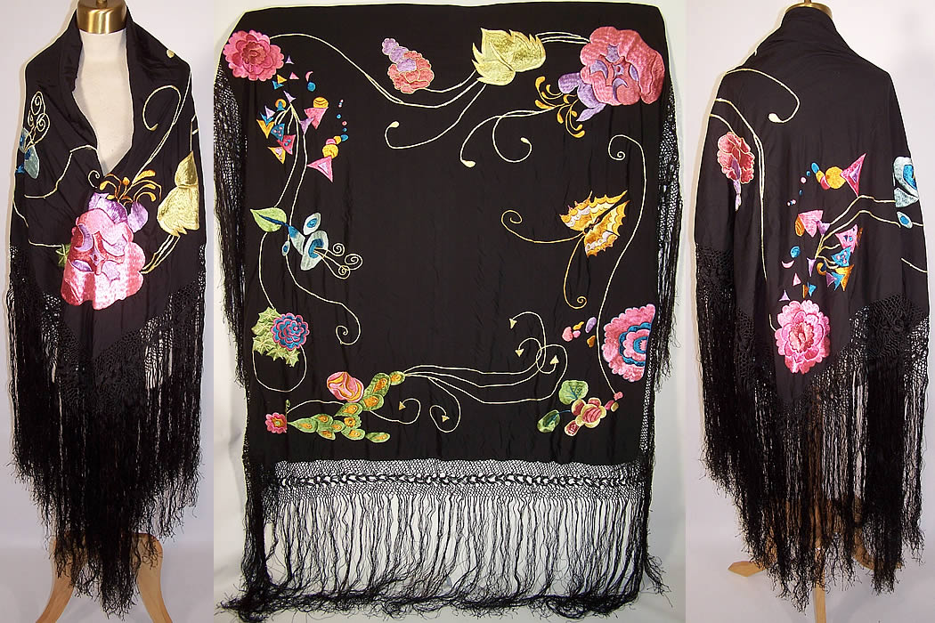 Art Deco Black Silk Geometric Floral Butterfly Embroidered Piano Shawl
