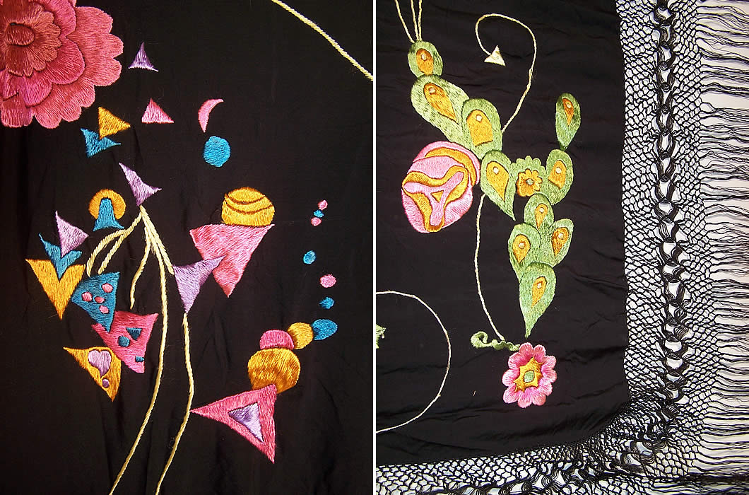 Art Deco Black Silk Geometric Floral Butterfly Embroidered Piano Shawl 2 close ups